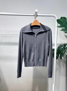 MM麦麦家2025秋冬新款深灰色翻领羊毛衫针织开衫女上衣5GA334581