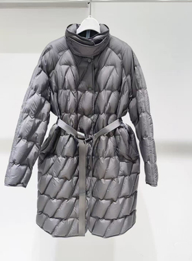 MM麦家2025冬新款深灰色菱格90鸭绒中长款羽绒服外套女4GA282121