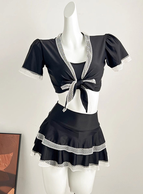 SANMU少女萝莉JK情怀可爱黑色蕾丝显瘦分体约会泳衣女四件套