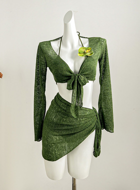 SANMU2025新款比基尼泳衣四件套绿色显白度假海边泳装长袖温泉