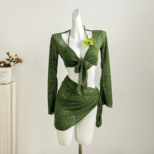 温泉 长袖 SANMU2025新款 比基尼泳衣四件套绿色显白度假海边泳装