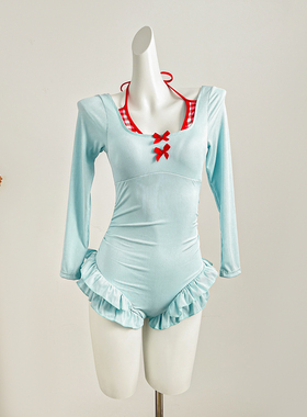 SANMU蓝色泳衣女款2025新连体保守短袖显瘦学生少女绝美女孩裙式