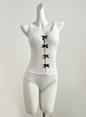 绝美小香风法式高级感小胸性感蝴蝶结系带连体泳衣女泡温泉纯欲风