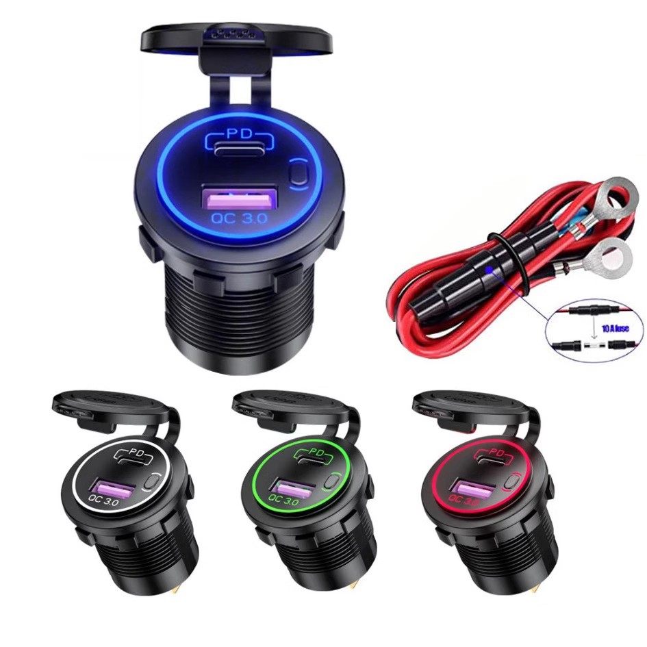 12-24V汽车摩托车载改装QC3.0USB+Type-C接口智能快充手机充电器