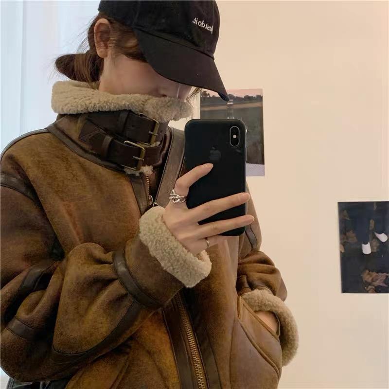 羊羔毛外套女2023冬季新款皮衣宽松立领机车服皮毛一体毛毛外套