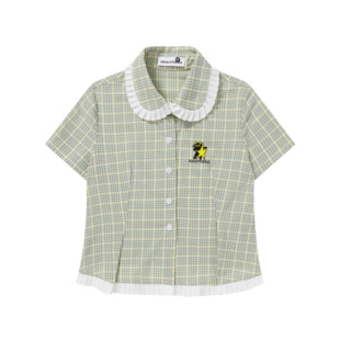 女蕾丝拼接显瘦减龄开衫 衬衫 上衣 子娃娃领短袖 学院风格