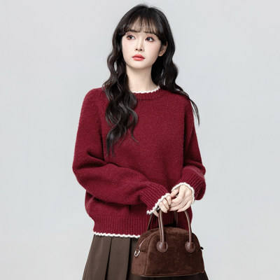 红色圆领毛衣女加厚秋冬2