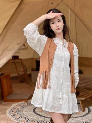 度假风A形棉质纯色流苏两件套