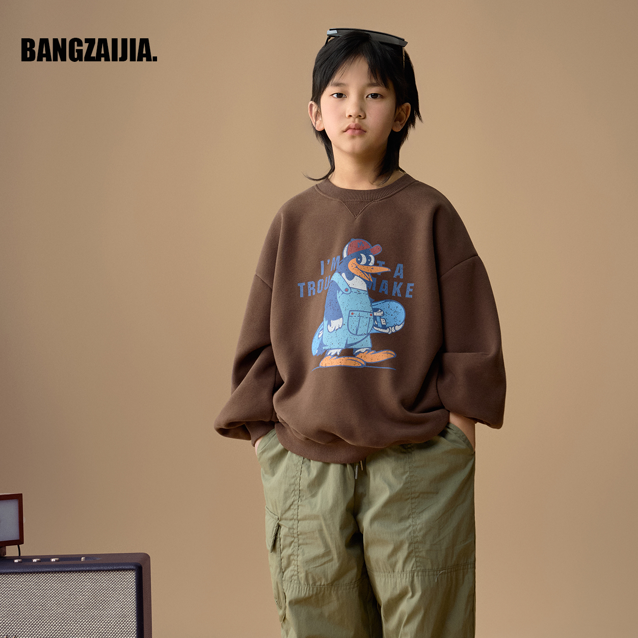 韩版宽松卡通一体绒套头儿童卫衣