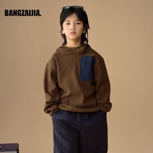 童装轻量化户外儿童连帽卫衣抓绒套头衫男童运动拼色工装上衣