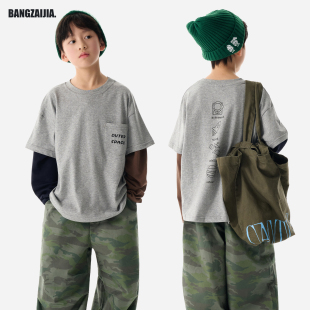 子假两件印花T恤男童山系户外长袖 儿童撞色袖 上衣 26春秋新款 童装