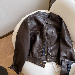 酷飒通风机赛车服小个子短款 秋季 皮 棕色皮衣外套女2025新款 小C家