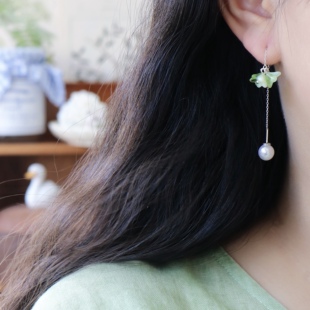 莉夏原创绿色花朵耳线耳环流苏少女气质新中式耳饰长款925银耳线