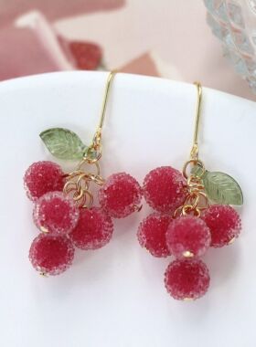 莉夏冰霜红果果耳环浆果葡萄春夏清新红色黄色砂糖珠水果耳夹耳饰