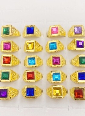 男士24K镀金男款方戒开口男式方形镶钻亚克力彩钻戒指古法宝石
