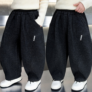 男童加绒毛呢弯刀裤秋冬保暖加厚休闲长裤2025冬季新款宽松裤子潮