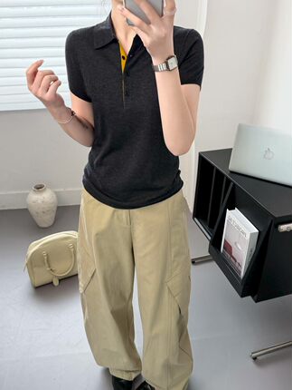 韩系翻领短袖针织衫时尚百搭款