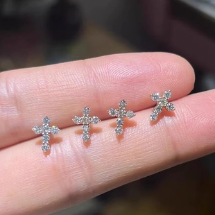 18K金钻石十字架耳钉玫瑰金螺丝拧简约百搭耳骨钉镶钻耳蜗钉耳饰