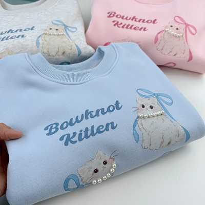 女童一体绒卫衣奥粒绒猫咪图案