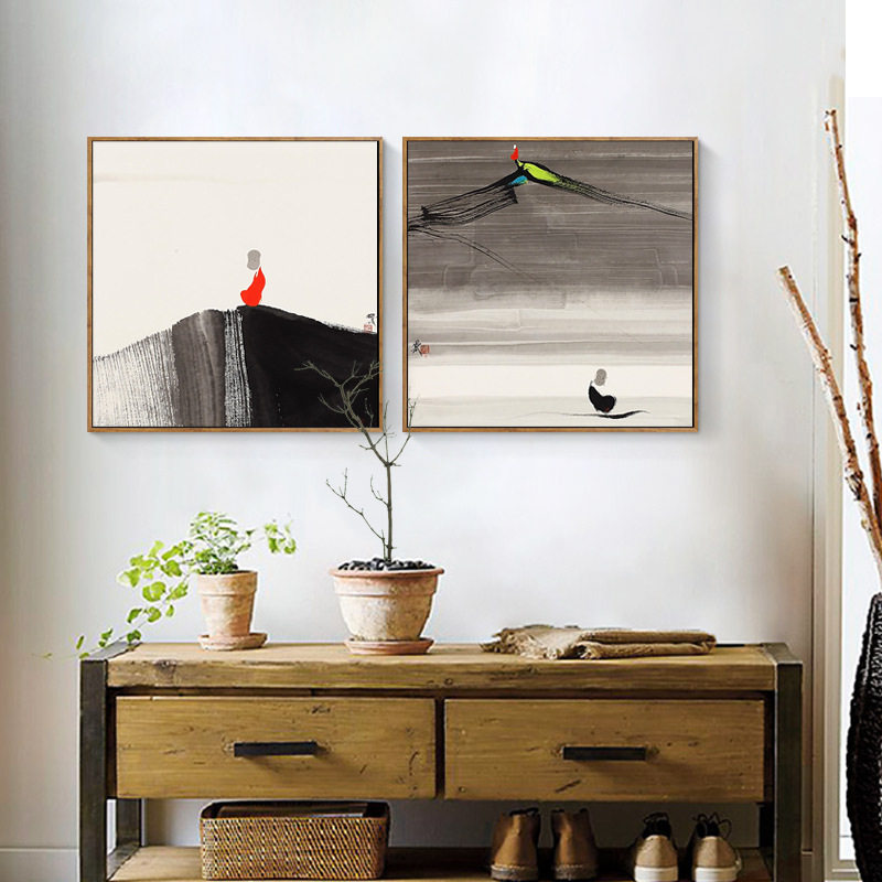 新中式禅道小和尚挂画书房客厅卧室装饰画方形有框壁画组合意境画