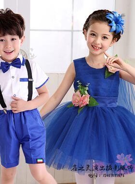 六一蓬蓬裙舞台蓝色背带裤合唱服