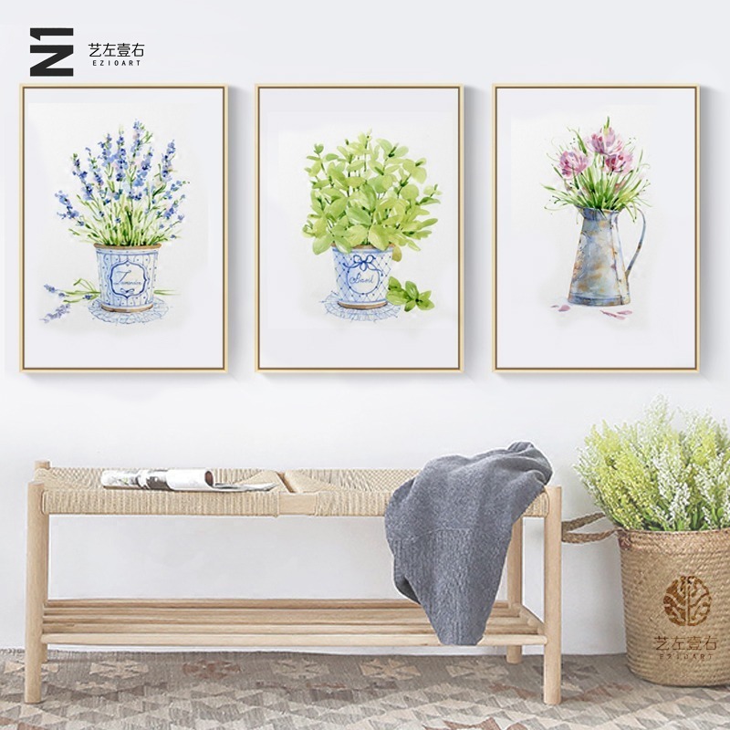 DIY数字油画填色手绘文艺水彩插画三联装饰挂画 北欧植物花卉树叶图片