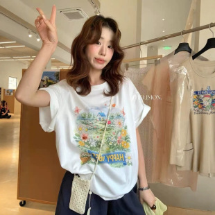 韩系花园别墅印花圆领T恤夏季新款宽松休闲百搭短袖女装源头工厂