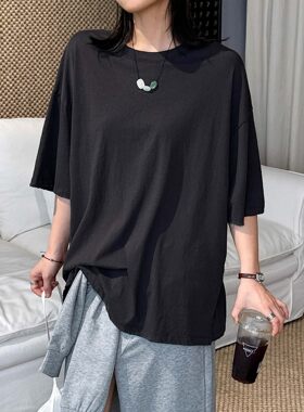 叙漫夏季新款韩系简约休闲风圆领落肩下摆开衩T恤宽松大版上衣女