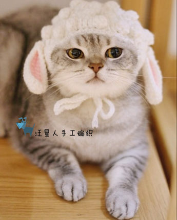 原创纯手工宠物猫咪帽子狗狗头套可爱毛小绵羊拍照道具头饰变装帽