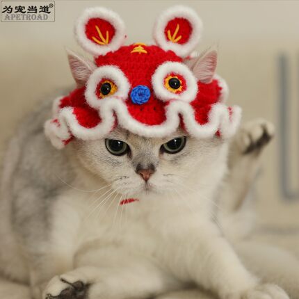 新年老虎头帽宠物饰品猫咪帽子纯手工毛线针织小型犬头套拍照道具