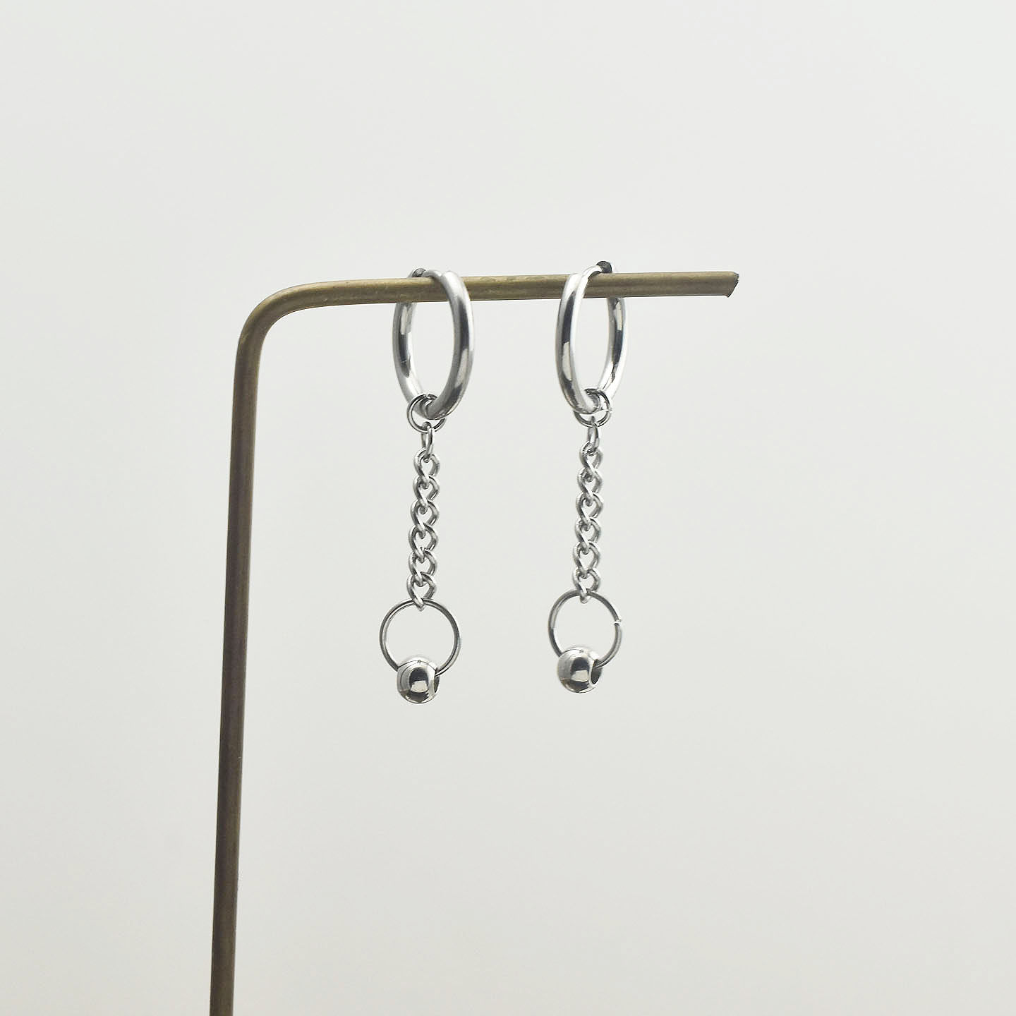 男女原创设计链条圈圈珠子耳环长款夸张朋克风耳坠无耳洞弹簧耳夹