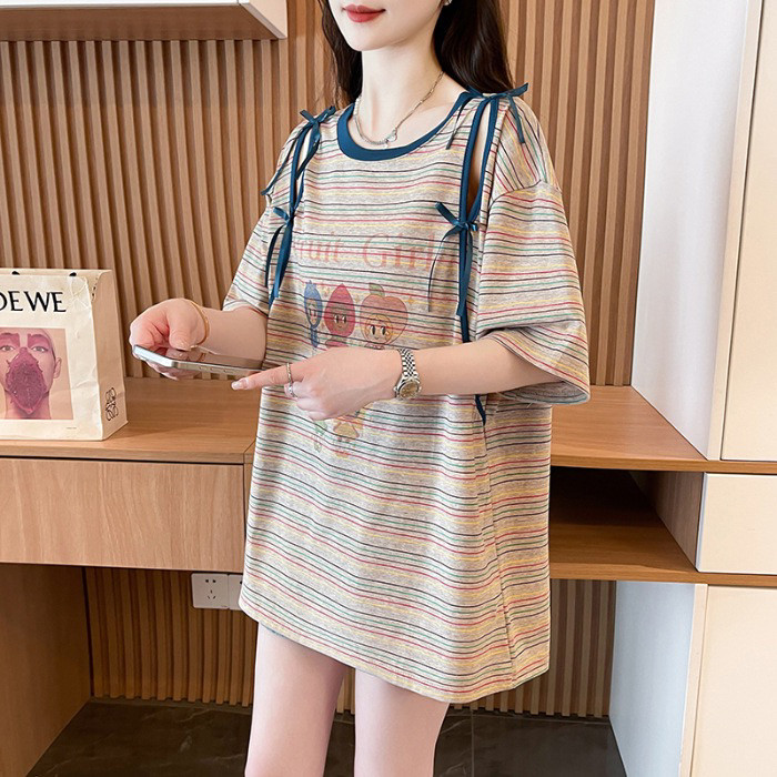 2026夏季新款纯棉短袖t恤女条纹设计感破洞印花上衣时尚大码女装