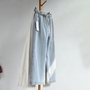 遮胯显瘦纯棉弯刀水洗牛仔裤 女春夏高腰宽松阔腿拖 蓝色牛仔裤