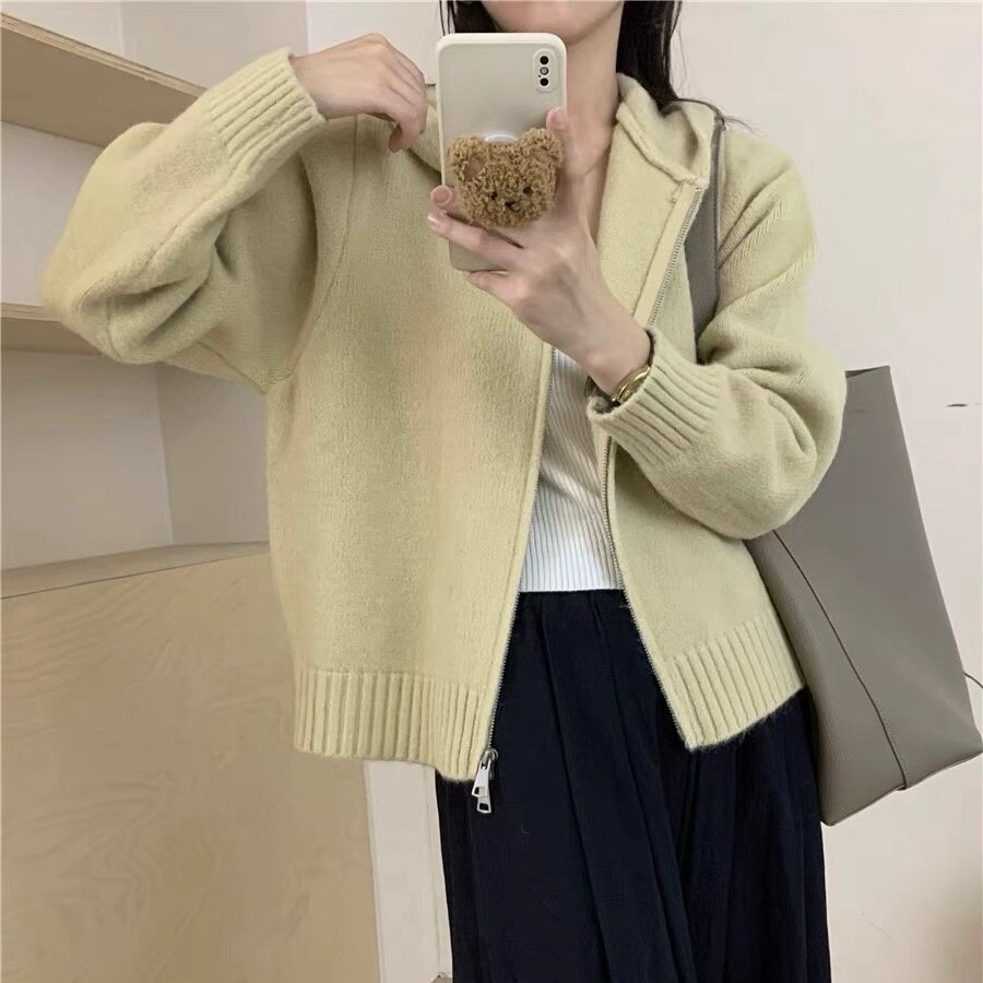 2025秋冬新款韩系宽松女厚款纯色连帽针织毛衣开衫双拉链卫衣外套