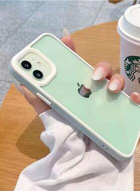 透明绿色边框适用iPhone12promax苹果11手机壳13新款X纯色XR硅胶xs防摔7p女8plus网红小众高级感全包情侣男生