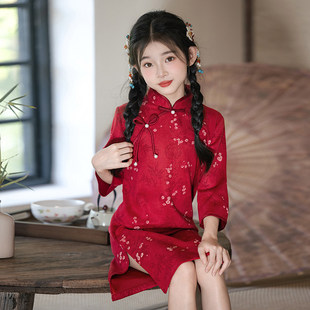 2026女中小童春秋新中式红色旗袍女童中国风汉服印花七分袖连衣裙