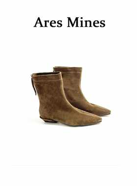 【盛朗熙Ares Mines】绒棕复古 尖头反绒质感及踝靴翻毛皮中筒靴