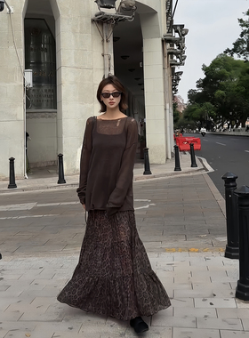 【盛朗熙Ares Mines】野趣青芜 法式度假风豹纹印花高腰A字半身裙