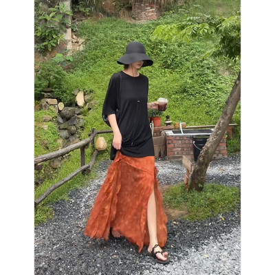 【盛朗熙Ares Mines】落日熔金 度假风木耳边裁片设计A字半身裙