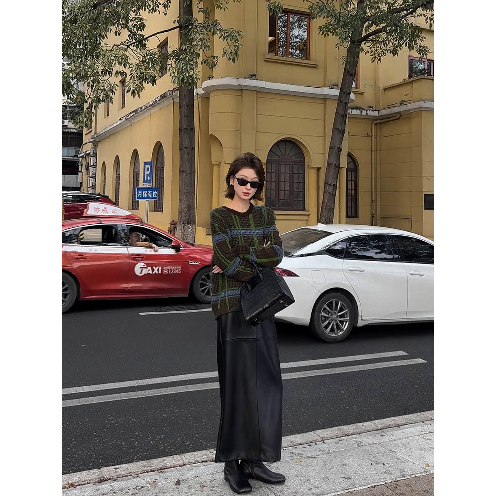 【盛朗熙Ares Mines】半熟冬日 荔枝纹PU开叉A字直筒半身裙皮裙