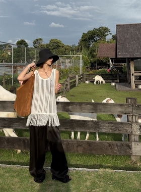 【盛朗熙AresMines】棕榈白沙 法式镂空流苏下摆条纹针织无袖背心