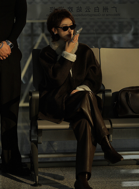 【盛朗熙Ares Mines】心动赴约 高腰腰带PU皮裤长裤直筒裤弯刀裤