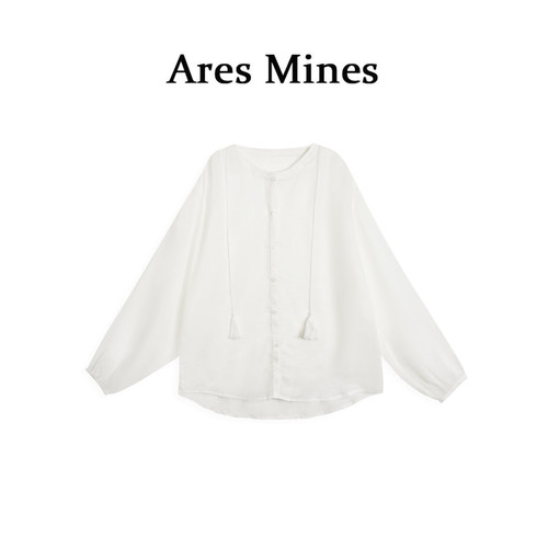 【盛朗熙AresMines】云栖棉语 夏褶皱流苏满分麻感清透圆领衬衫女