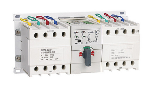 正泰NZ7B-63H/4 双电源开关电流规格有20A,25A,32A,40A,50A,63A 额定工作电压400V,50HZ,额定绝缘电压AC500V,额定冲击耐受电压4KV,固定式板前接线，防护等级IP20,控制器功耗5W,寿命10000次。如不详请致电正泰客服400-817-7777