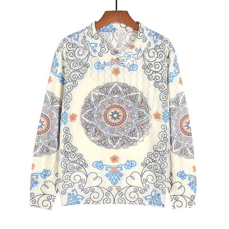 新款秋季女装薄款长袖钻古嘉子天丝羊毛衫翻领印花针织衫上衣9218