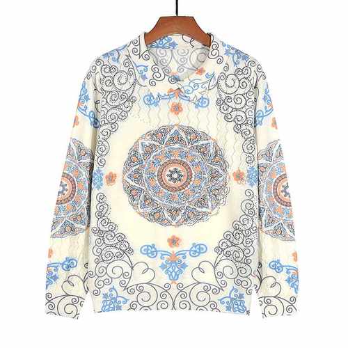 印花烫钻天丝羊毛套头翻领打底衫