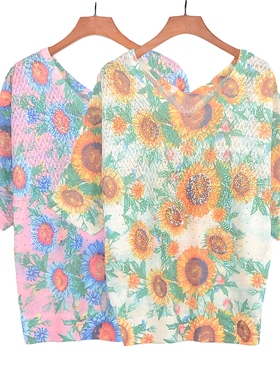 2025夏季女上衣古嘉子短袖天丝亚麻针织衫印花烫钻镂空薄T恤31013