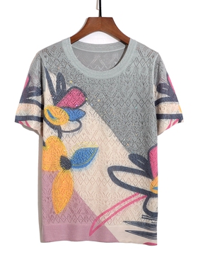 夏季2025新款女装上衣短袖亚麻衫天丝针织印花烫钻镂空薄T恤1086