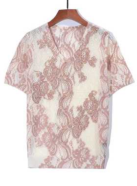 2025夏季气质上衣古嘉子短袖天丝亚麻衫针织印花烫钻镂空T恤61066