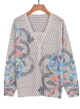 2025新款秋季薄款女针织衫v领长袖假两件上衣镶钻天丝羊毛衫22503